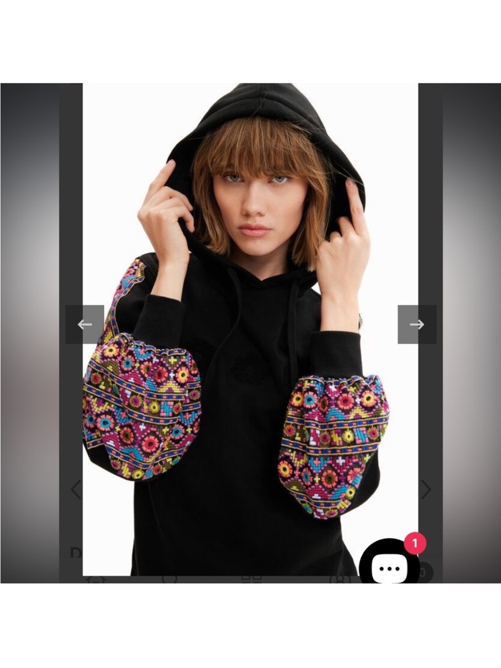 NWT Desigual Black Hoodie with Colorful Embroidered Balloon Sleeves